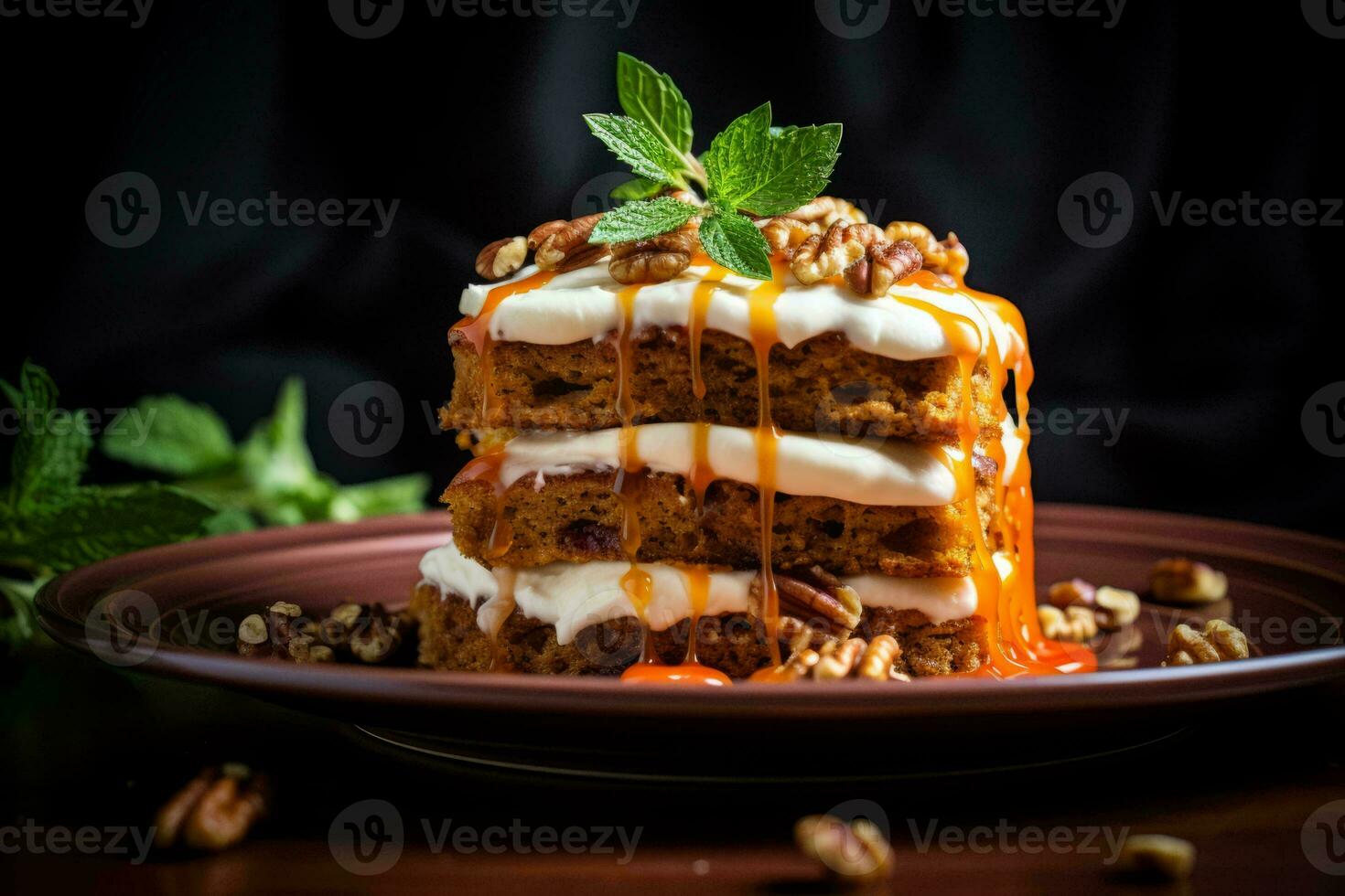 a stack of carrot cake with cream cheese frosting generative ai photo