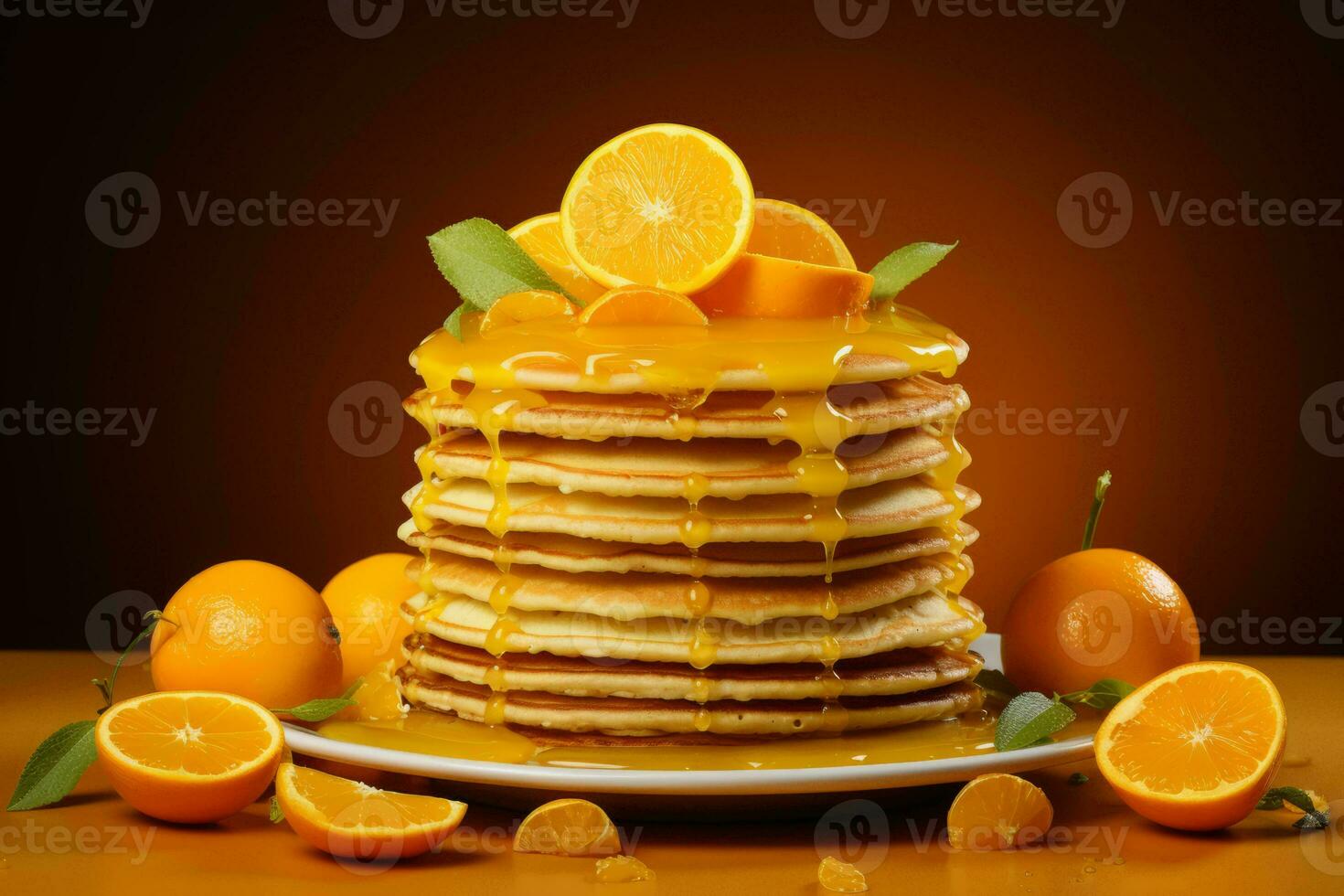 a stack of pancakes with orange slices on top generative ai photo