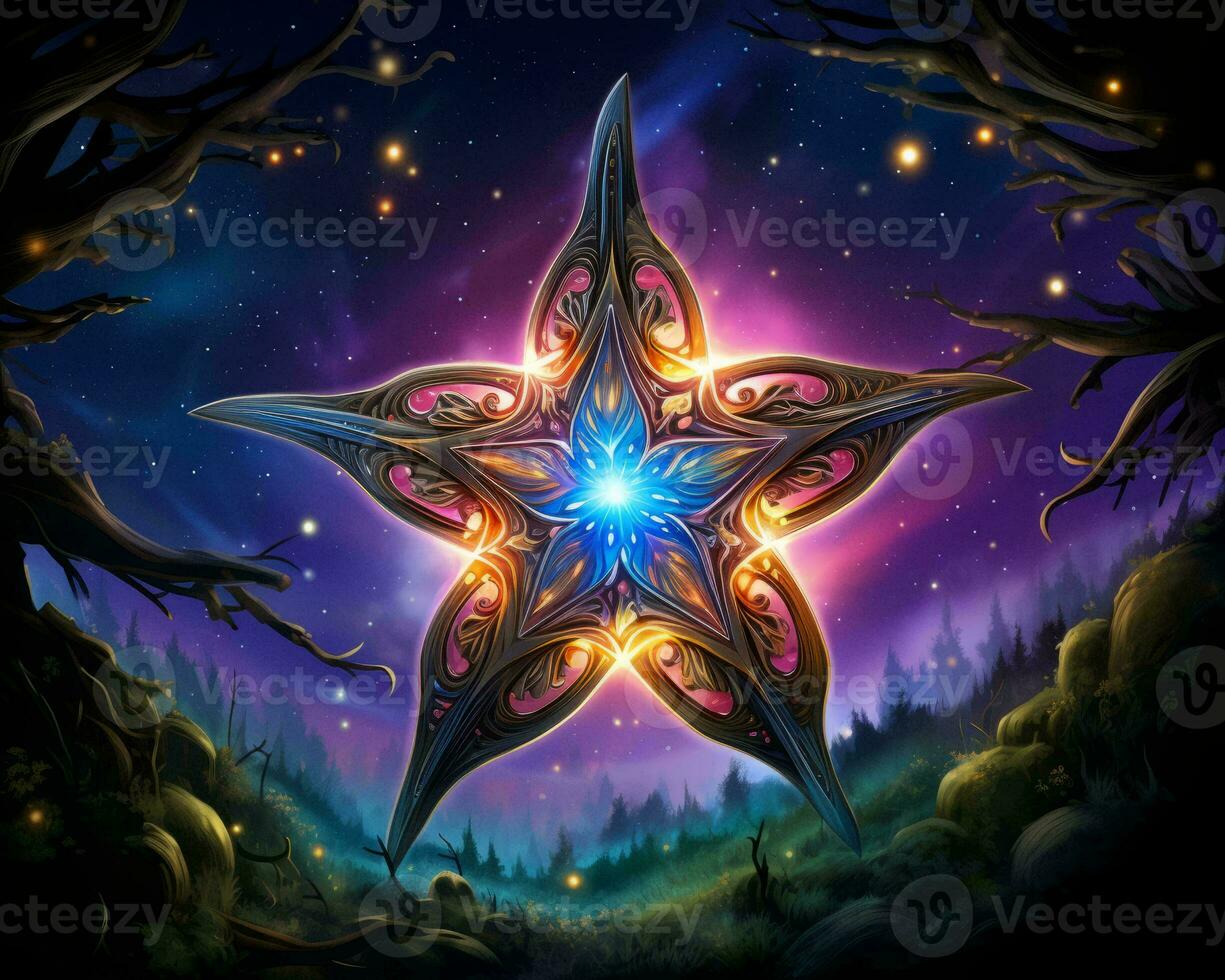 a star in the night sky with trees and trees in the background generative ai photo