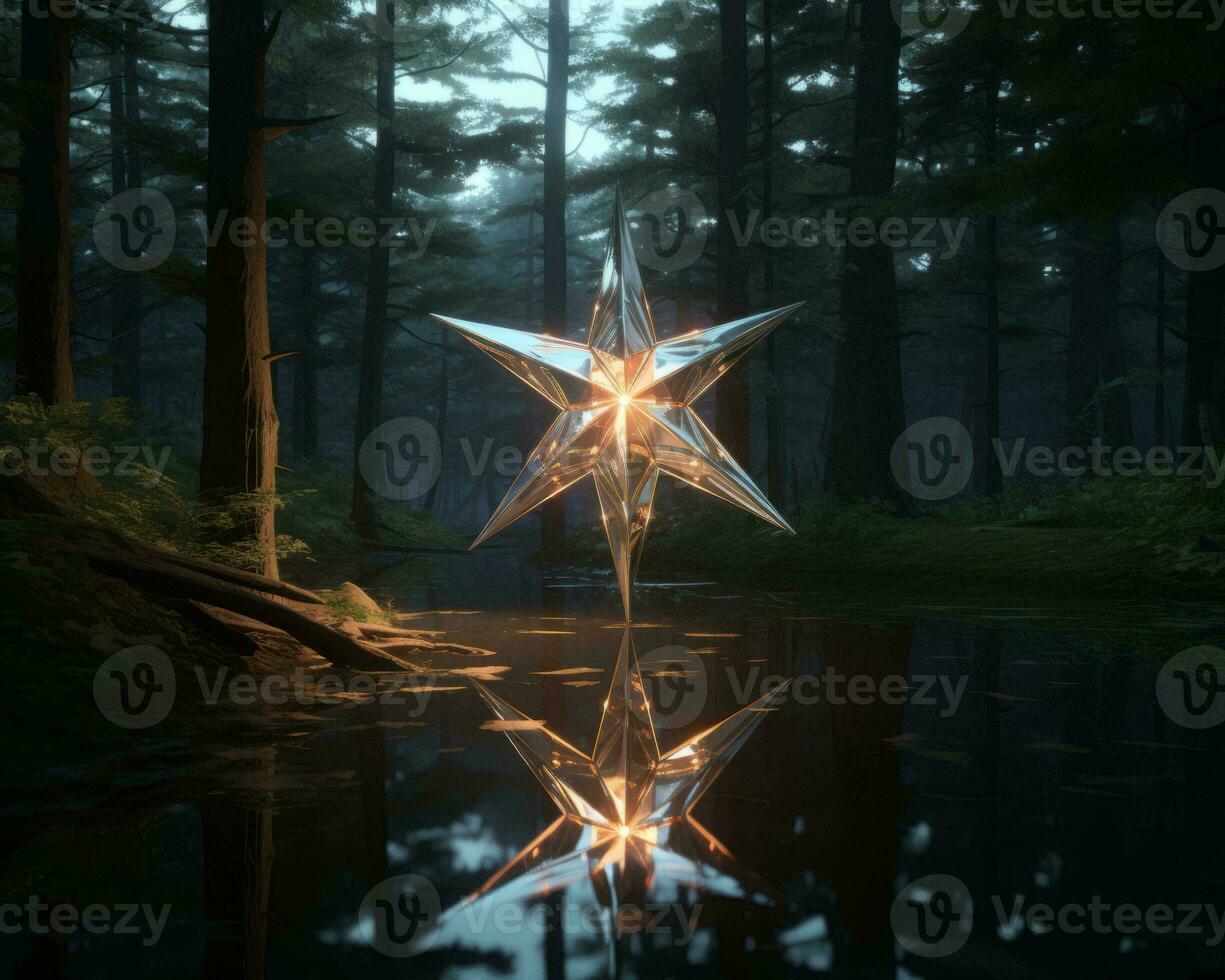 a star is reflected in the water in a forest generative ai photo