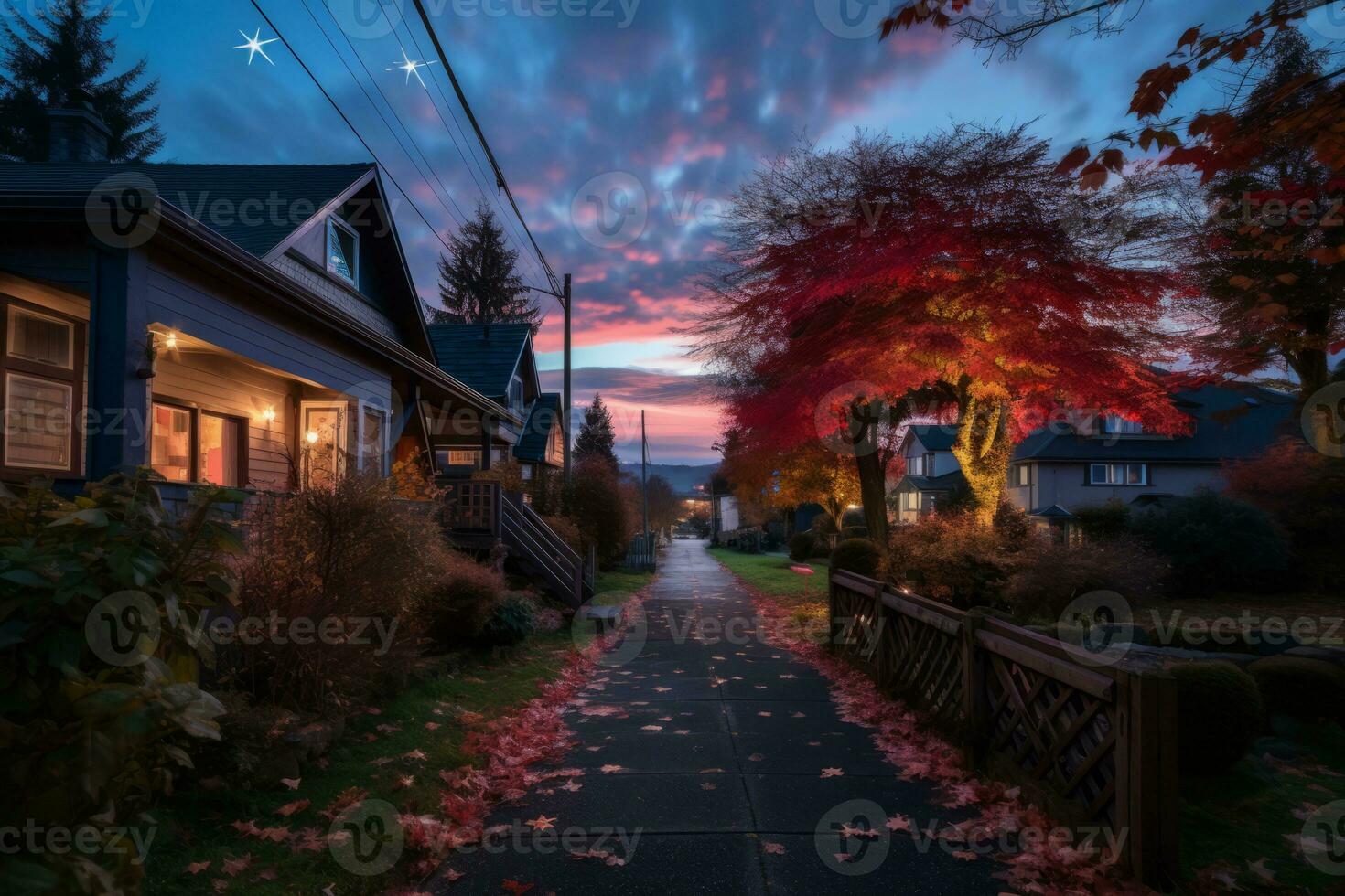 a street lined with trees and houses at sunset generative ai photo