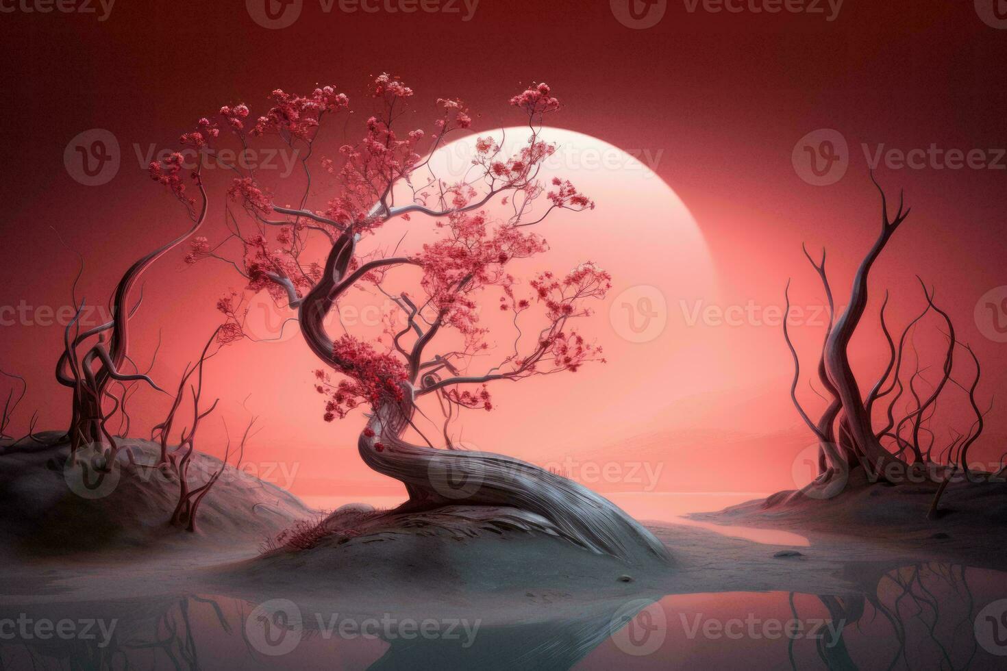a tree in the middle of the desert with a red moon in the background generative ai photo