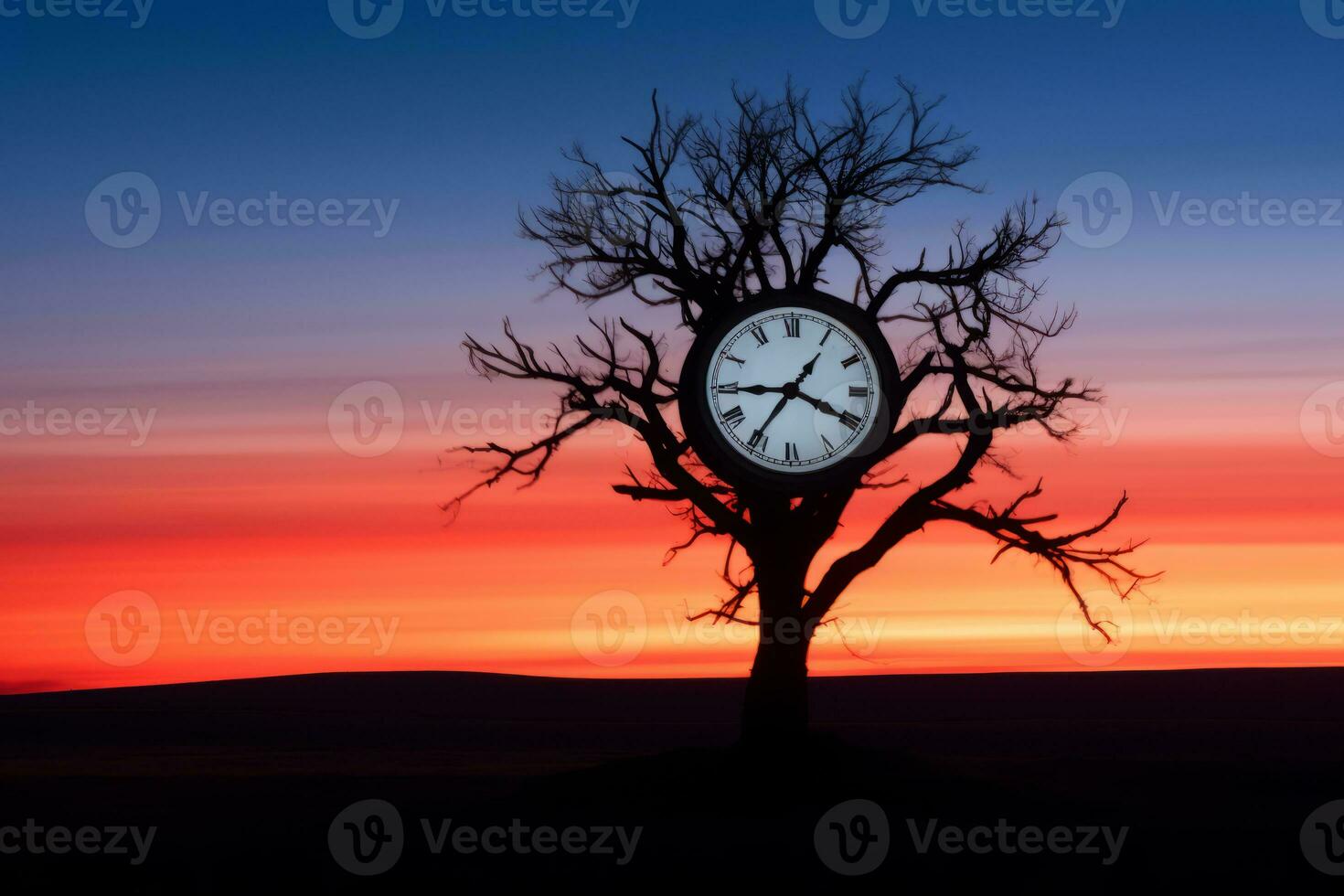 a tree with a clock on it at sunset generative ai photo