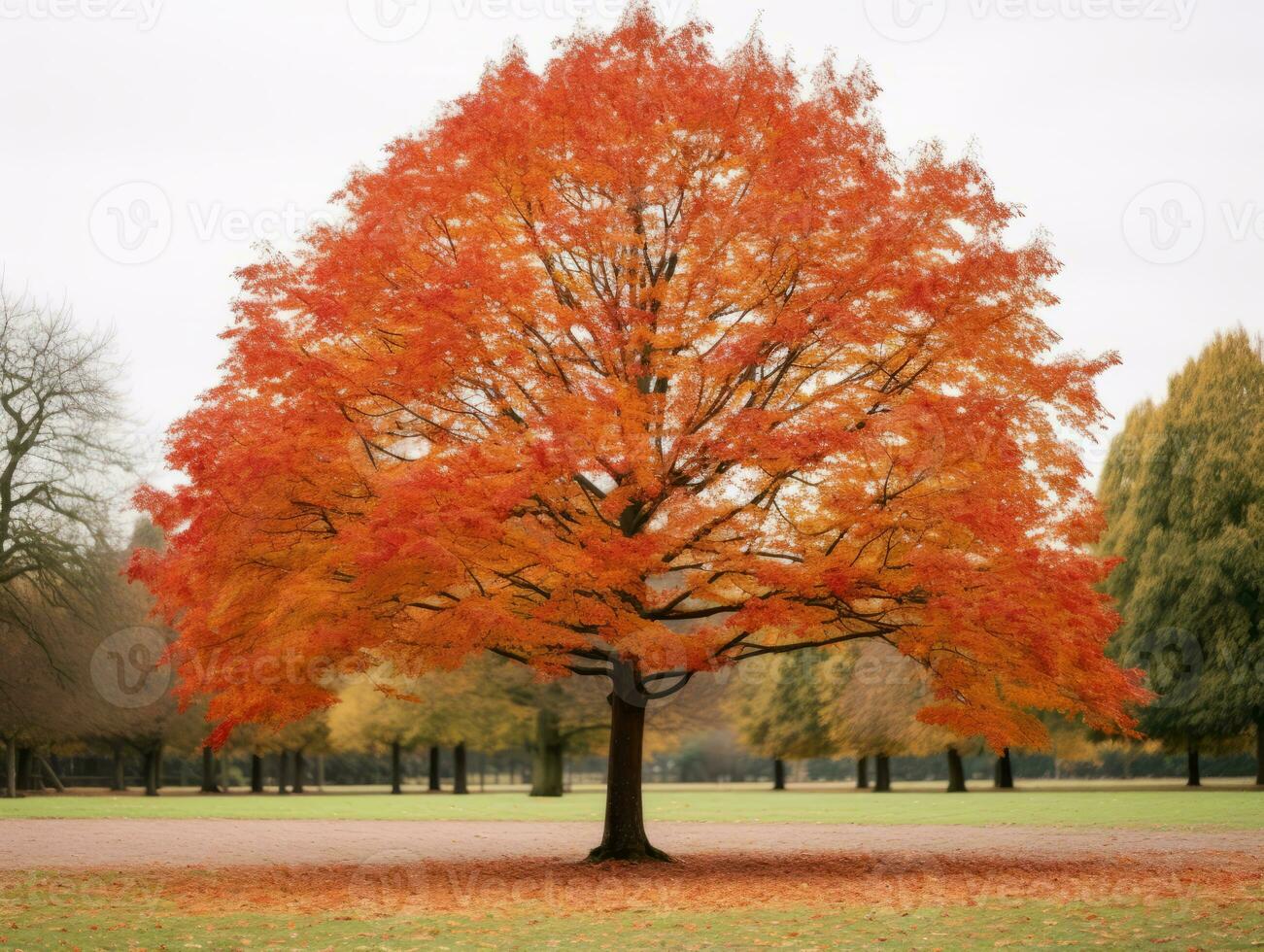 a tree with red leaves in the middle of a park generative ai photo