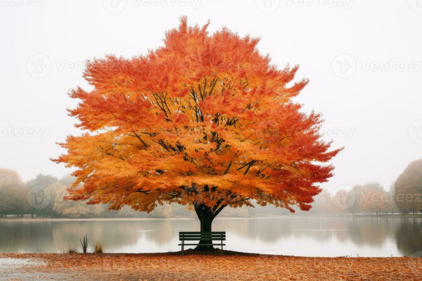 a tree with a bench in front of a lake generative ai photo