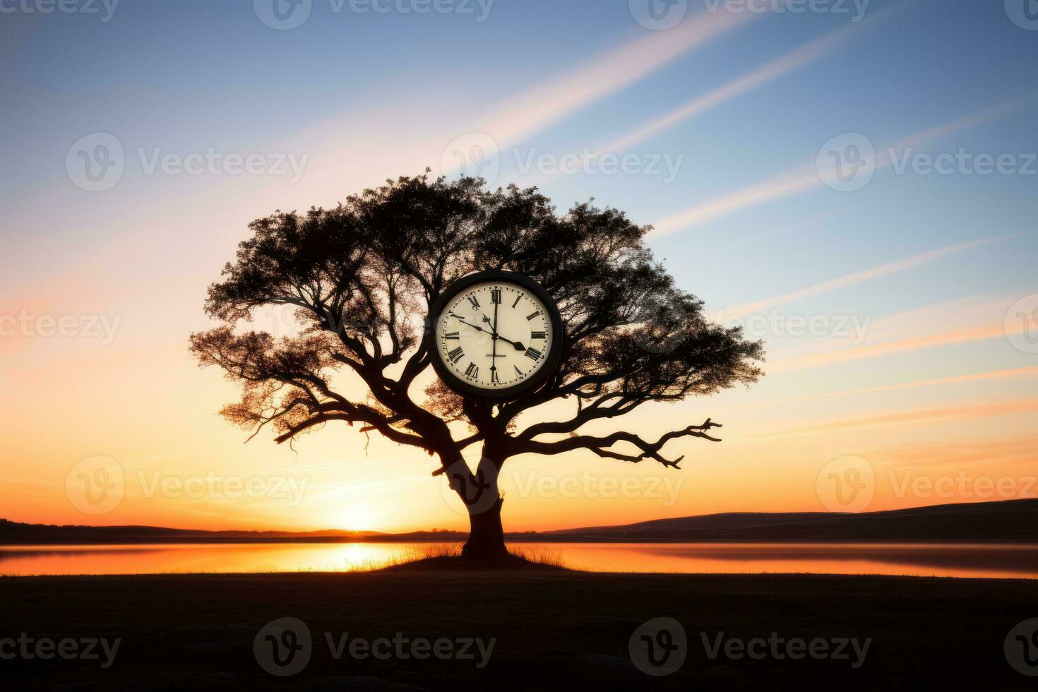 a tree with a clock on it at sunset generative ai photo
