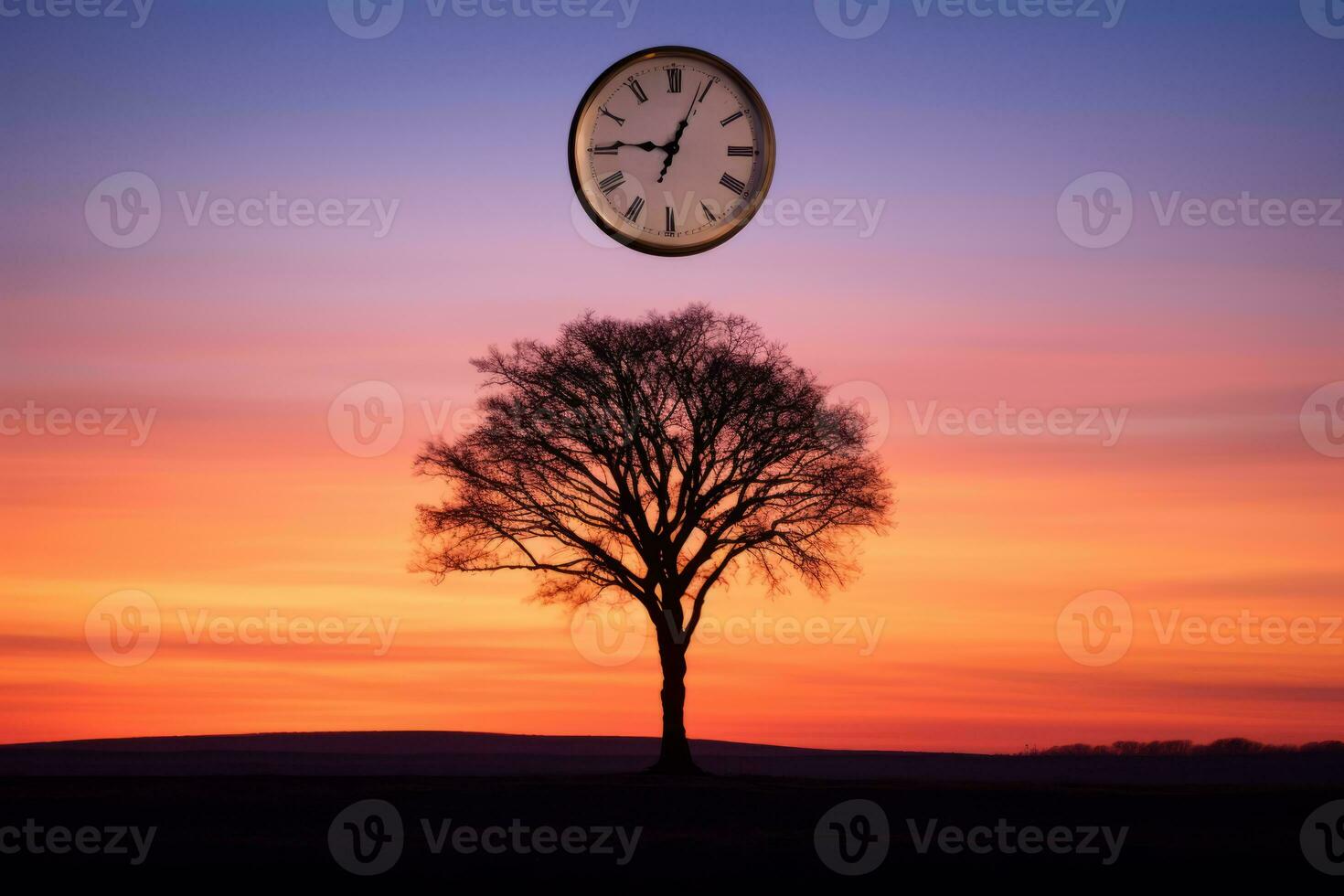 a tree with a clock on top of it at sunset generative ai photo