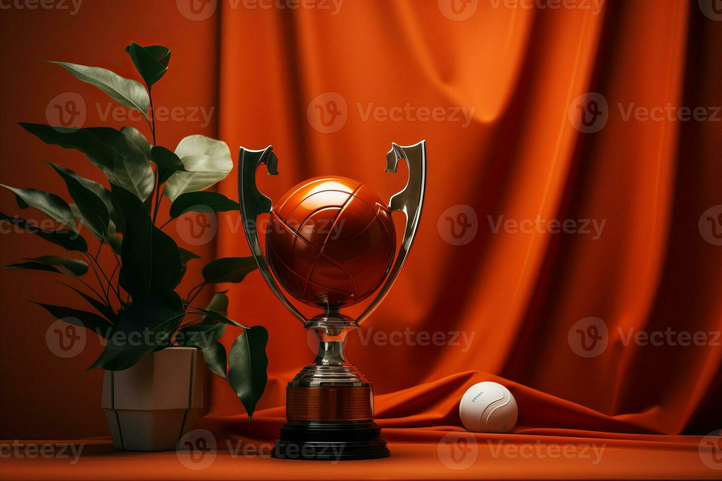 a trophy sits on a table next to a plant generative ai photo