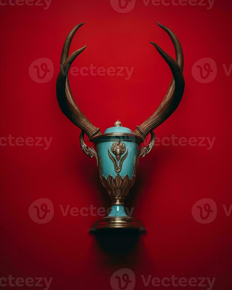 a trophy on a red wall with antlers on it generative ai photo