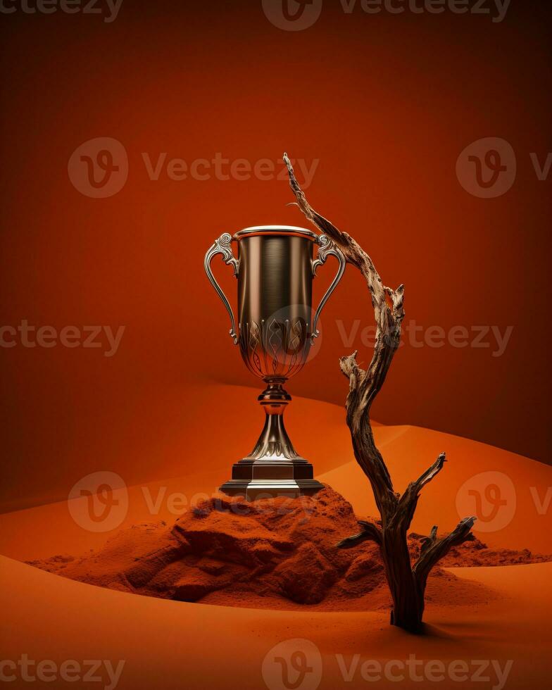 a trophy sits in the desert with a dead tree generative ai photo