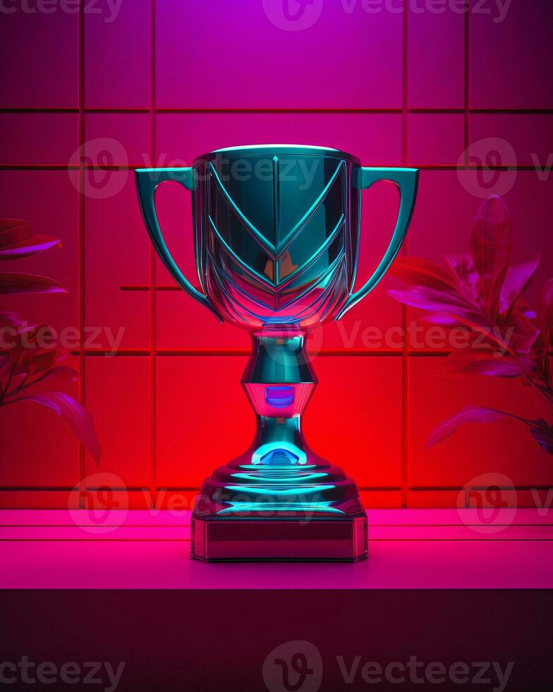a trophy sits on top of a table in front of plants generative ai photo
