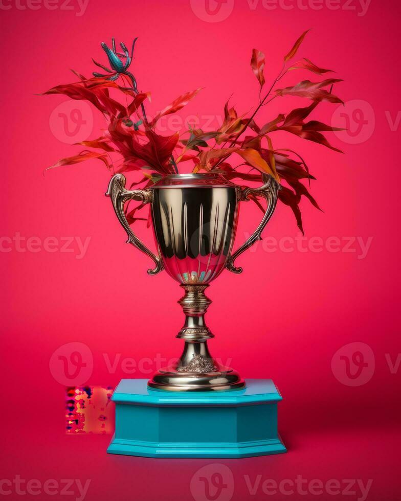 a trophy with red leaves on top of it generative ai photo