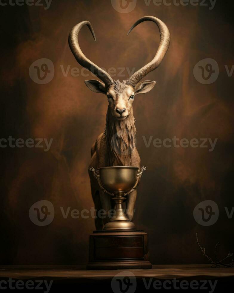 a trophy with antelope horns on top of a wooden table generative ai photo