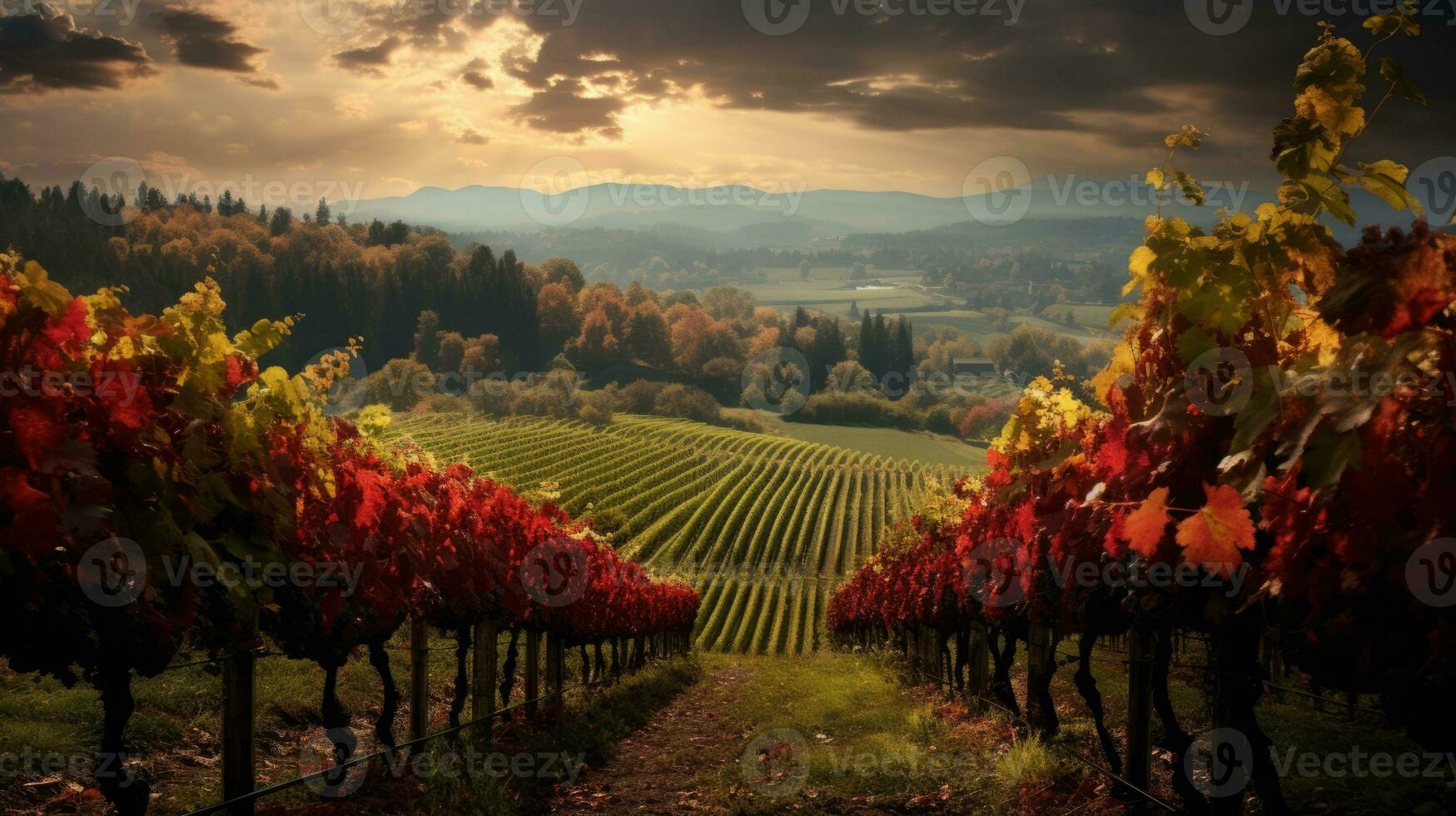 a vineyard field with red and yellow leaves in the fall generative ai photo