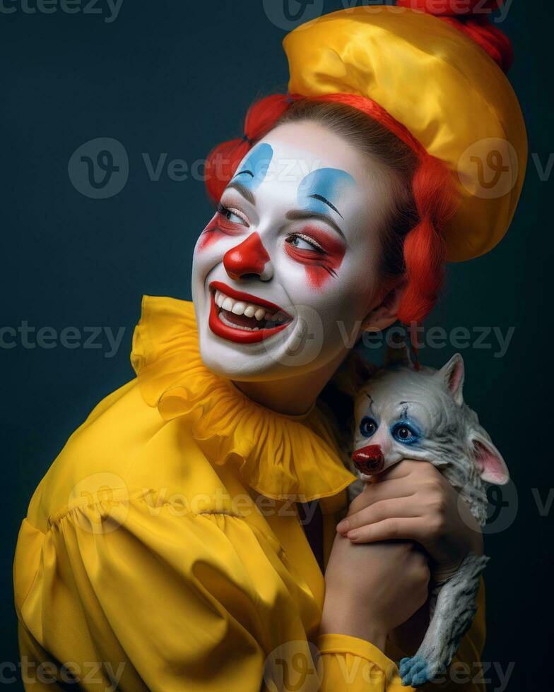 a woman dressed as a clown holding a cat generative ai photo