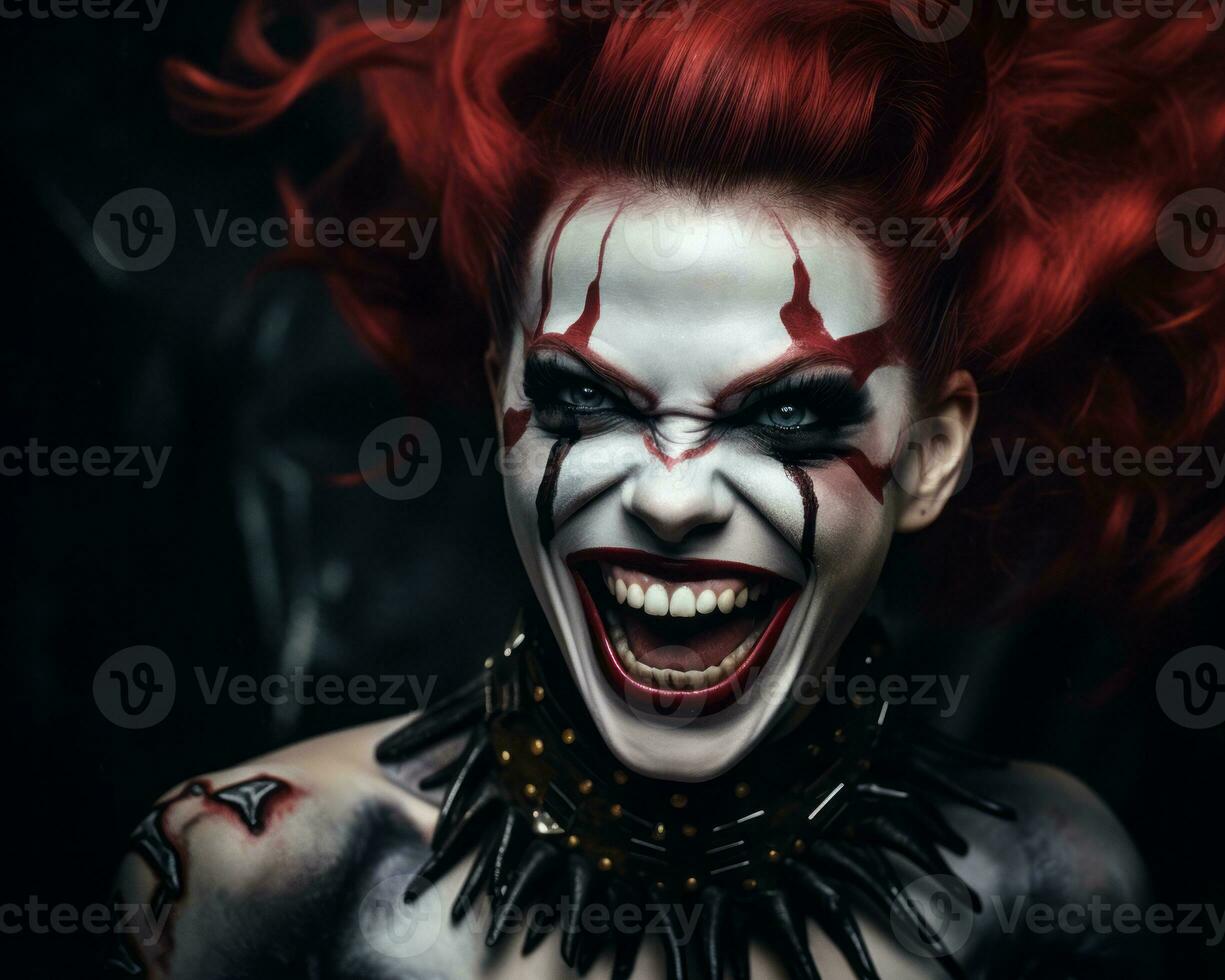 a woman dressed as a clown with red hair and makeup generative ai photo