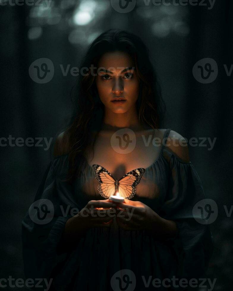 a woman holding a butterfly in the dark forest generative ai photo