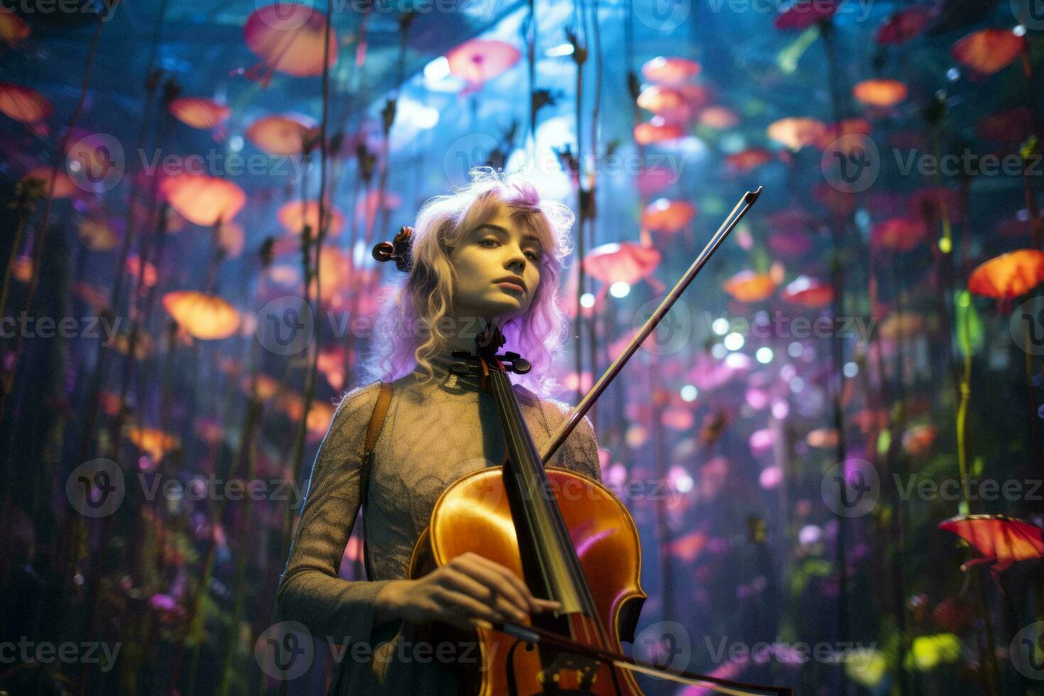 un mujer participación un violonchelo en frente de flores generativo ai foto