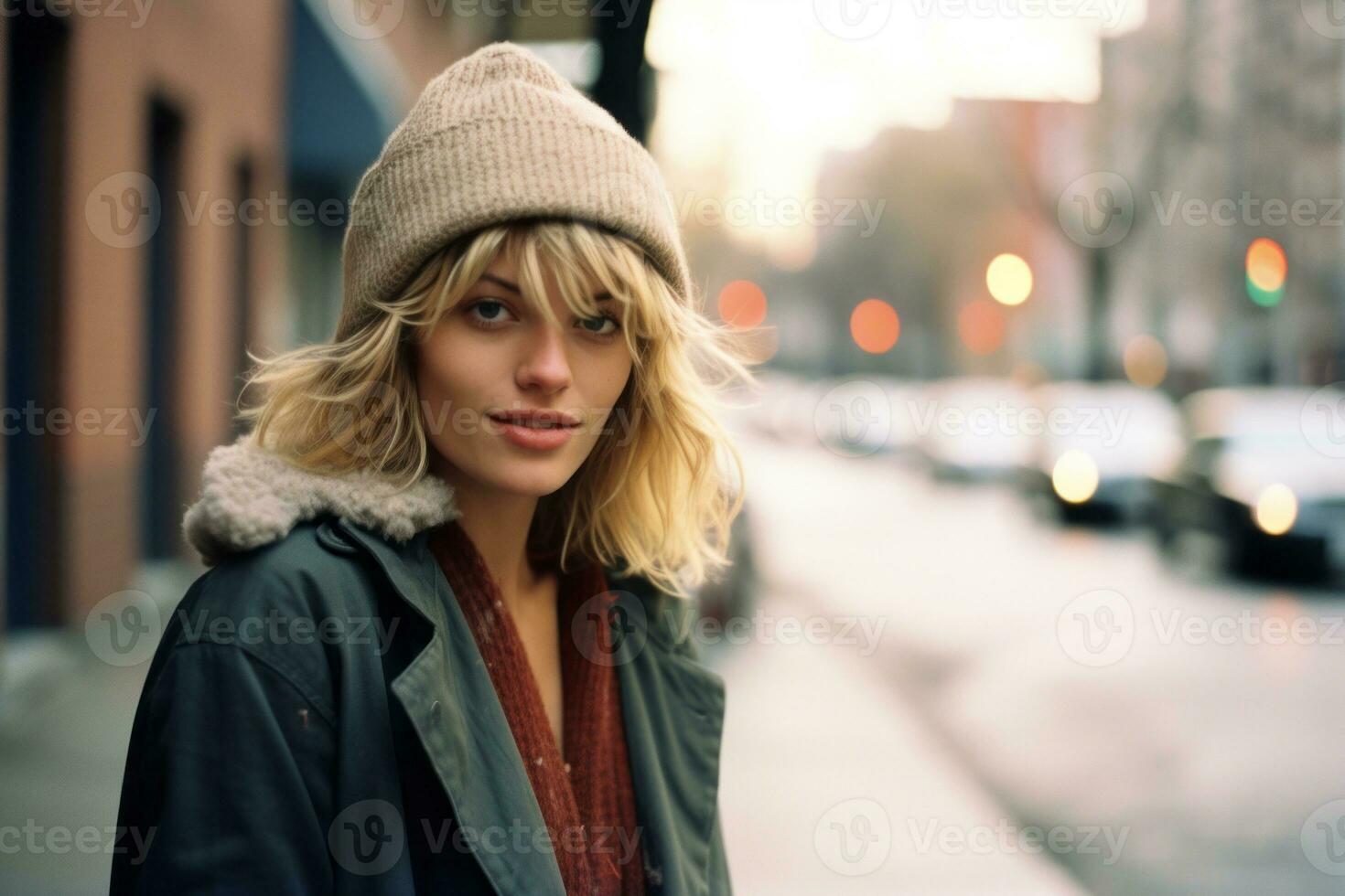 a woman in a beanie standing on a city street generative ai photo