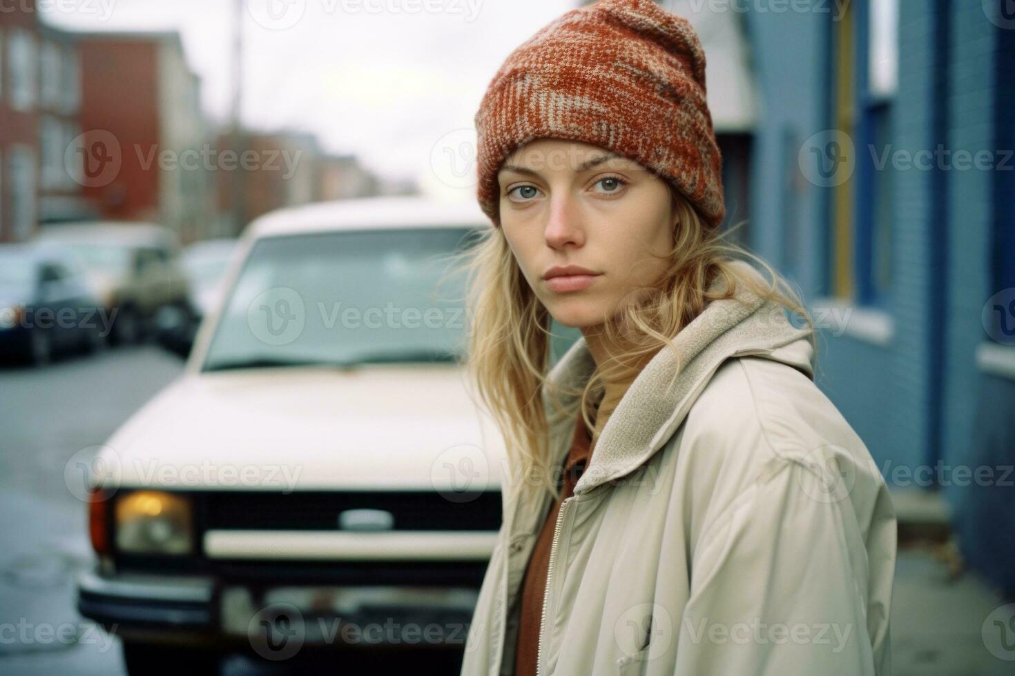 a woman in a beanie standing in front of a car generative ai photo