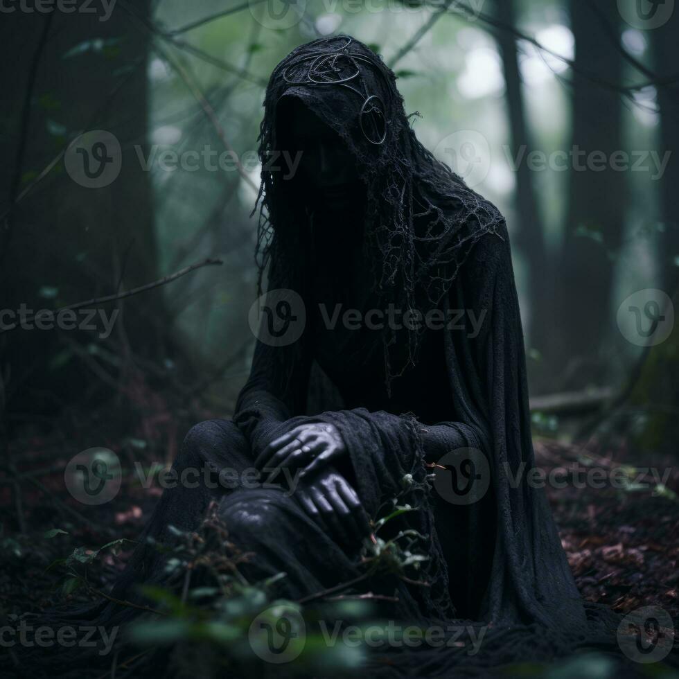 a woman in a black cloak sitting in the woods generative ai photo