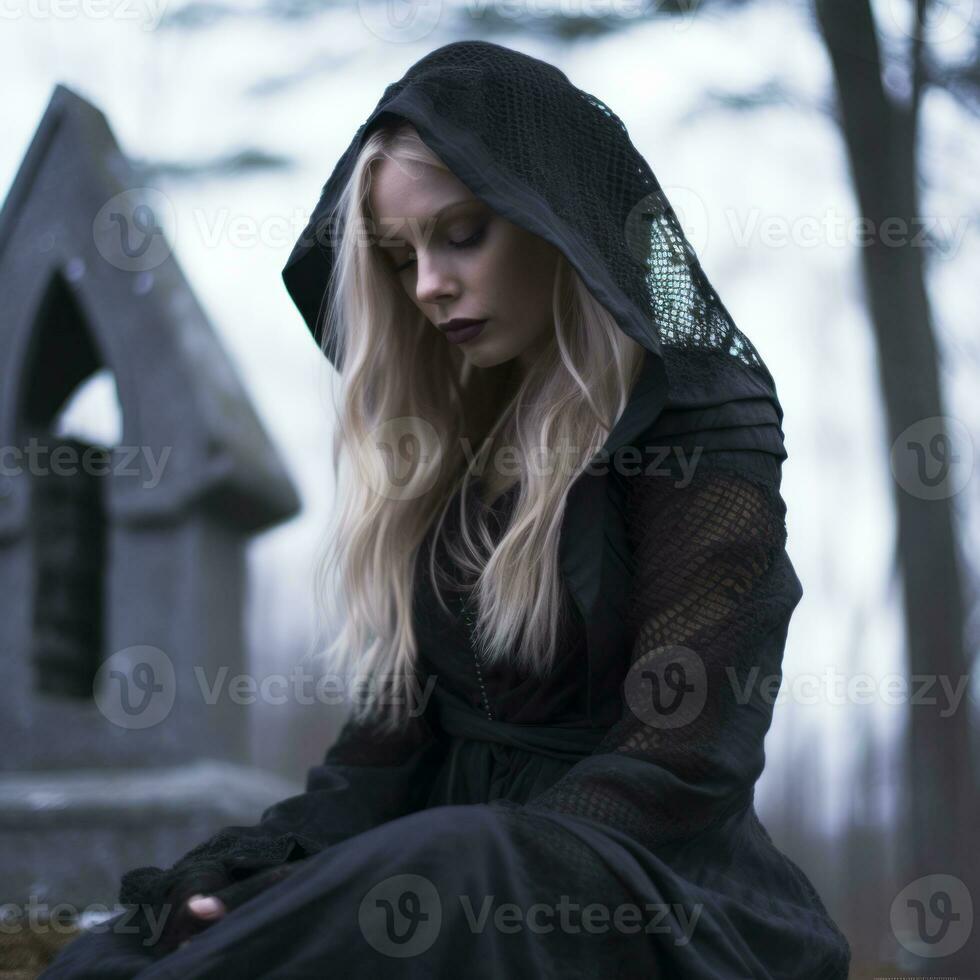 a woman in a black cloak sitting on a tombstone generative ai photo