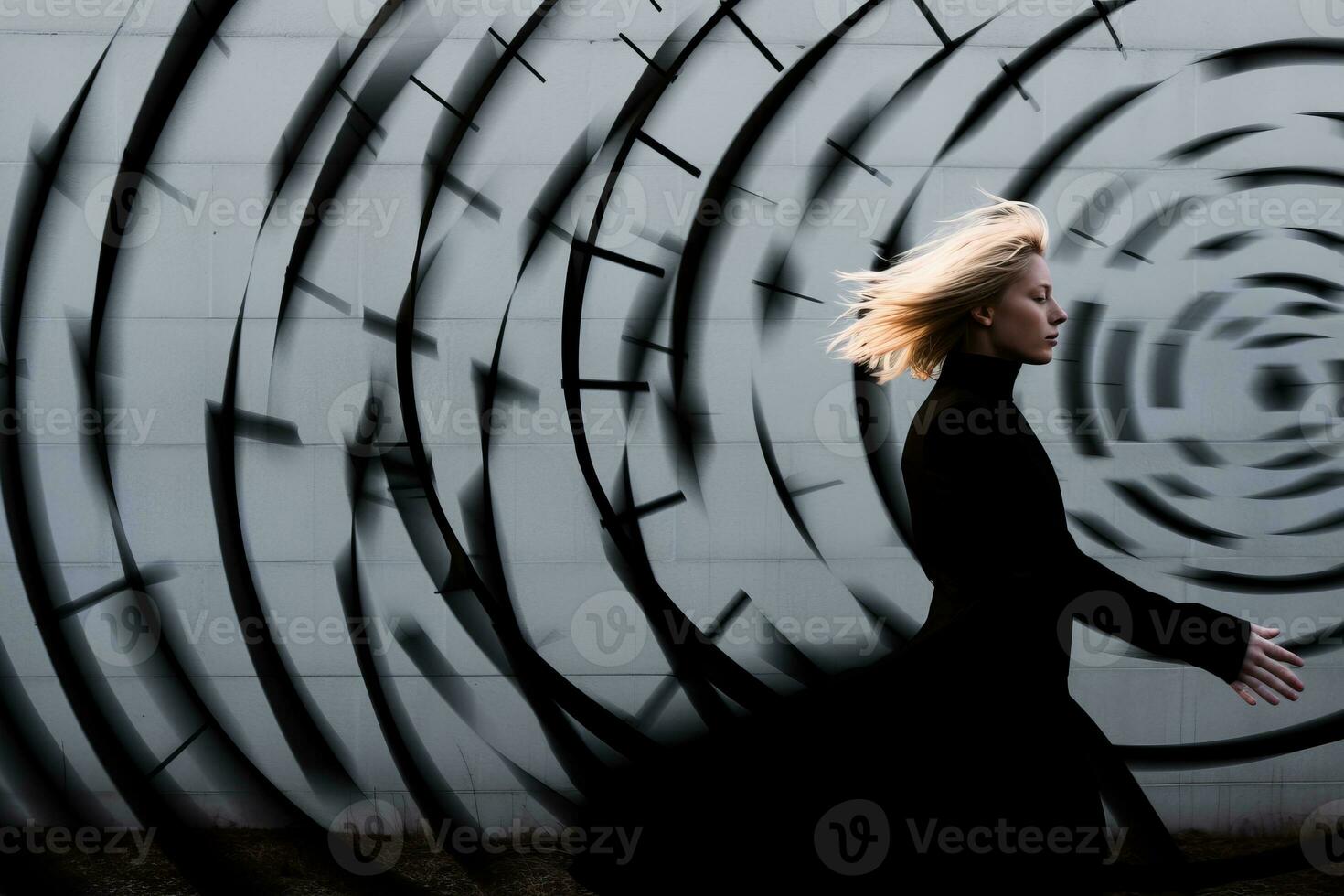 a woman in a black dress is walking through a tunnel generative ai photo