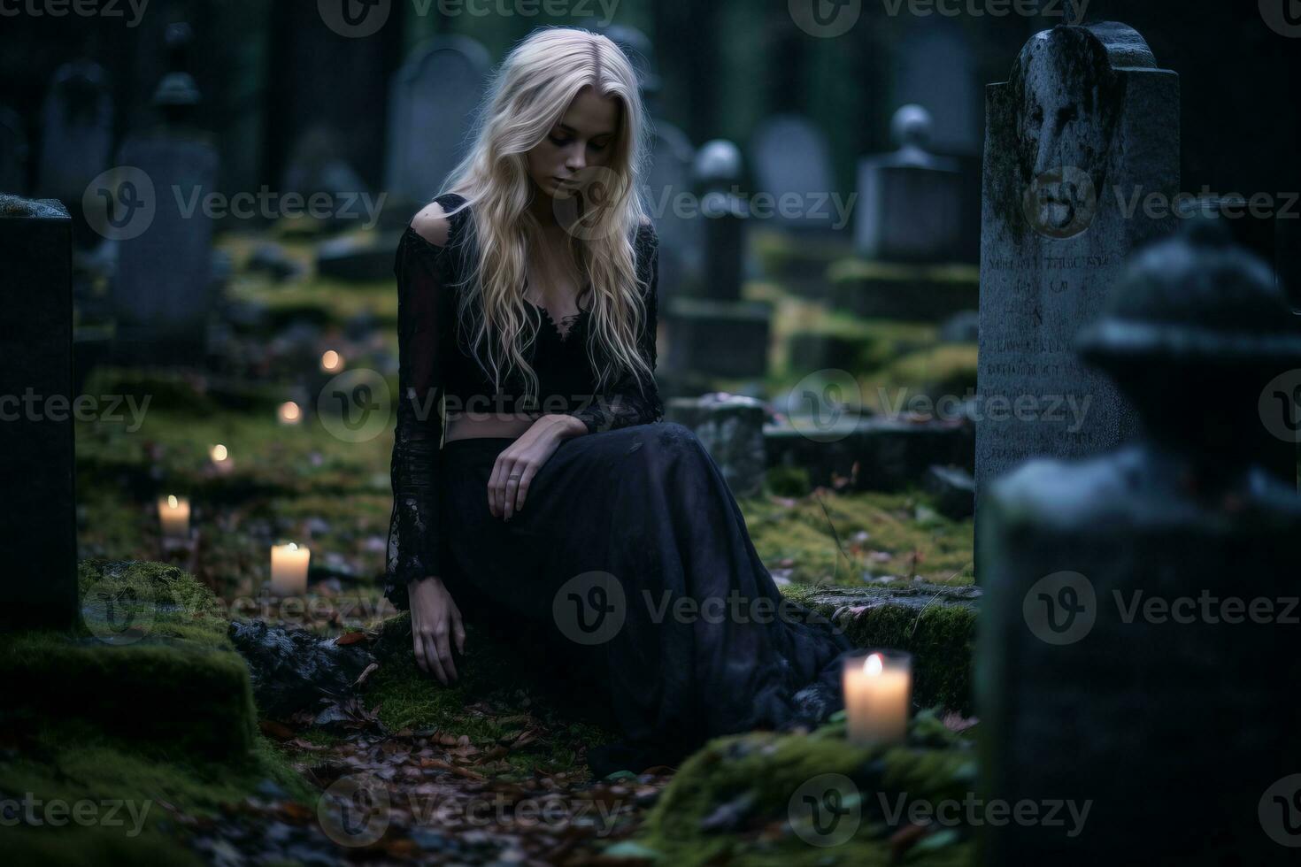 a woman in a black dress sitting in a graveyard with candles generative ai photo