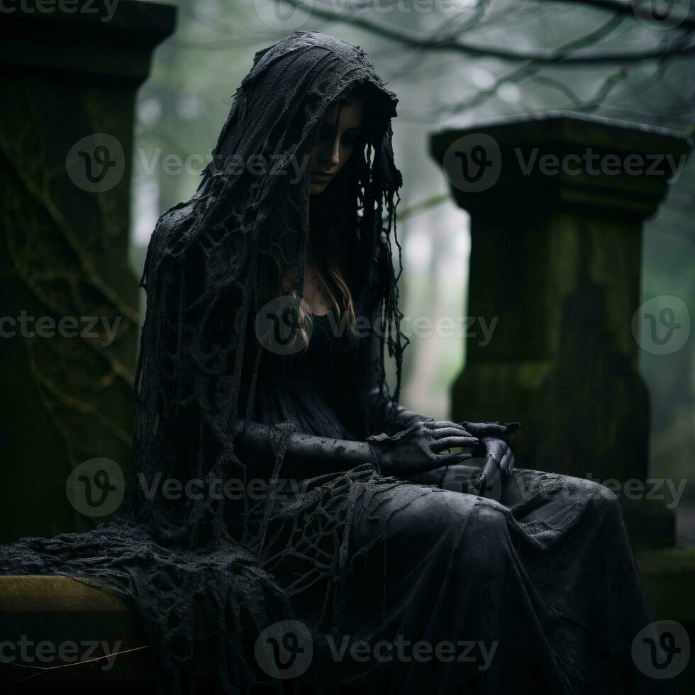 a woman in a black dress sitting on a bench in the woods generative ai photo