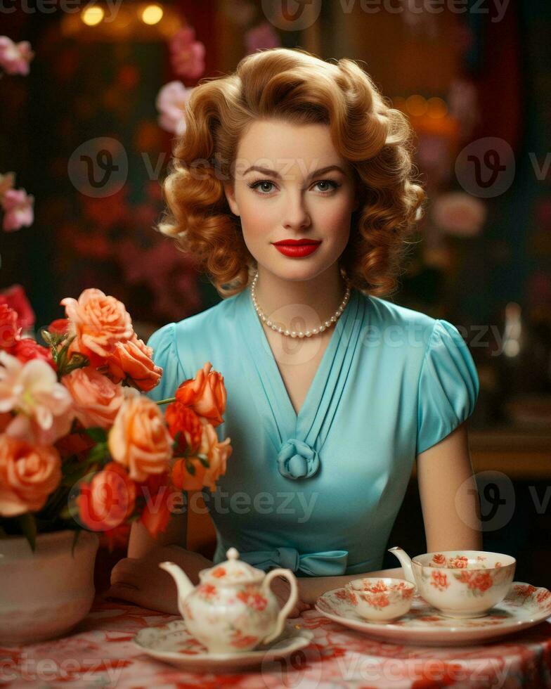 a woman in a blue dress sitting at a table with tea and flowers generative ai photo