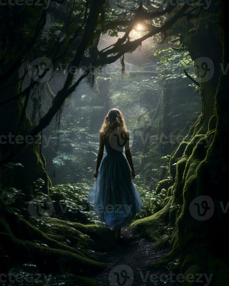 a woman in a blue dress walking through a forest generative ai photo