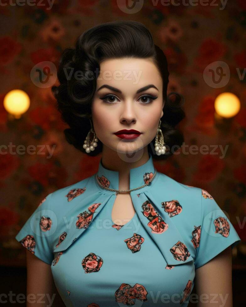 a woman in a blue floral dress with earrings generative ai photo