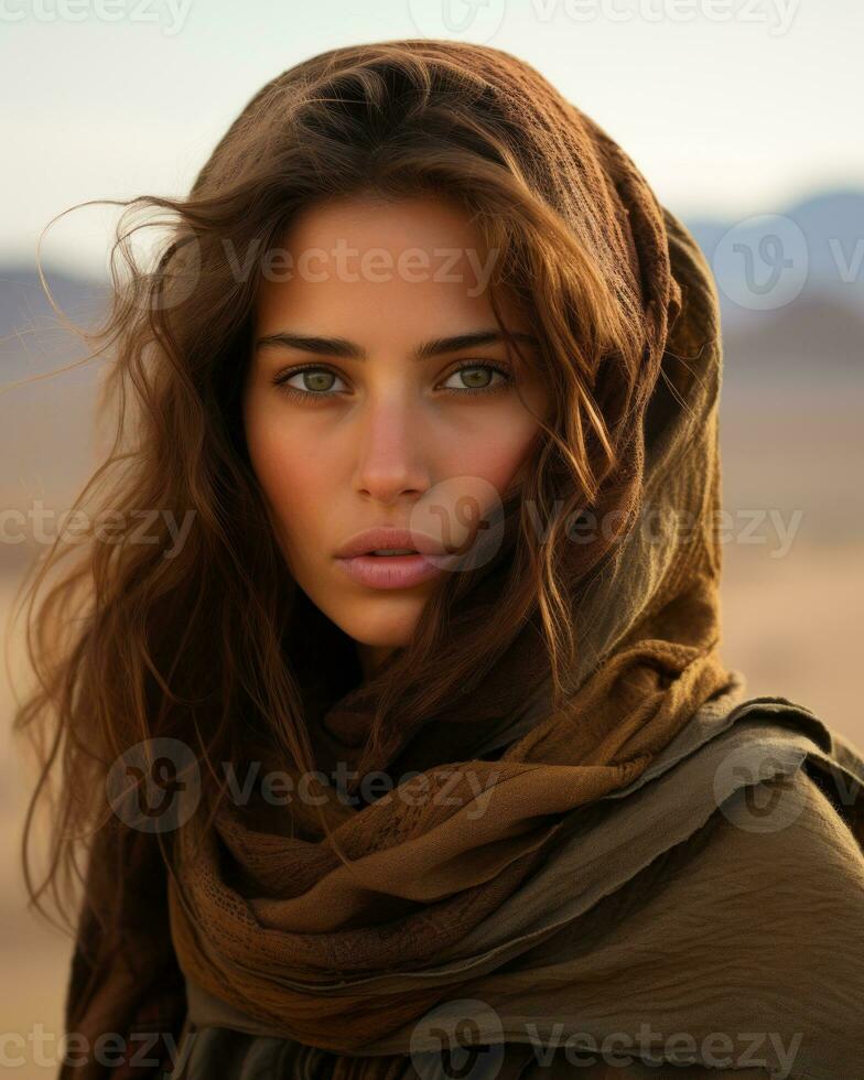 a woman in a brown shawl in the desert generative ai photo
