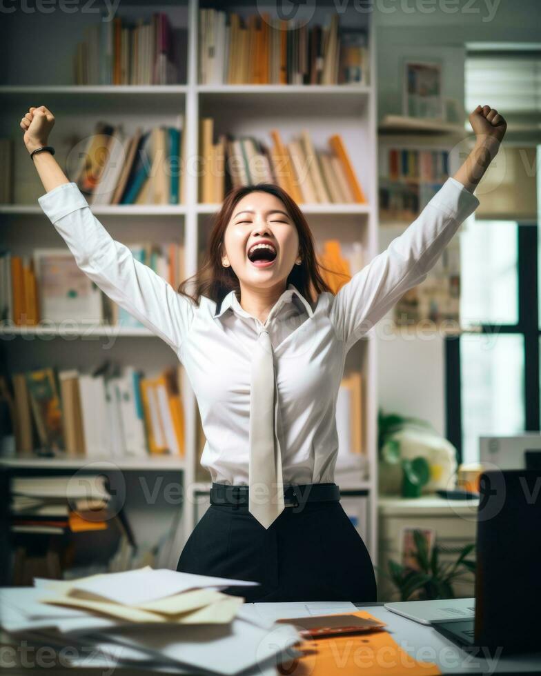 a woman in a business suit is celebrating in an office generative ai photo