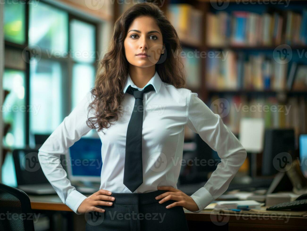 a woman in a business suit and tie standing in front of a