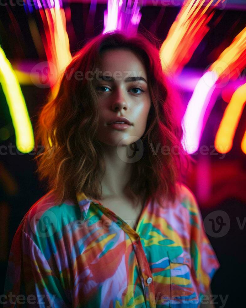 a woman in a colorful shirt standing in front of neon lights generative ai photo