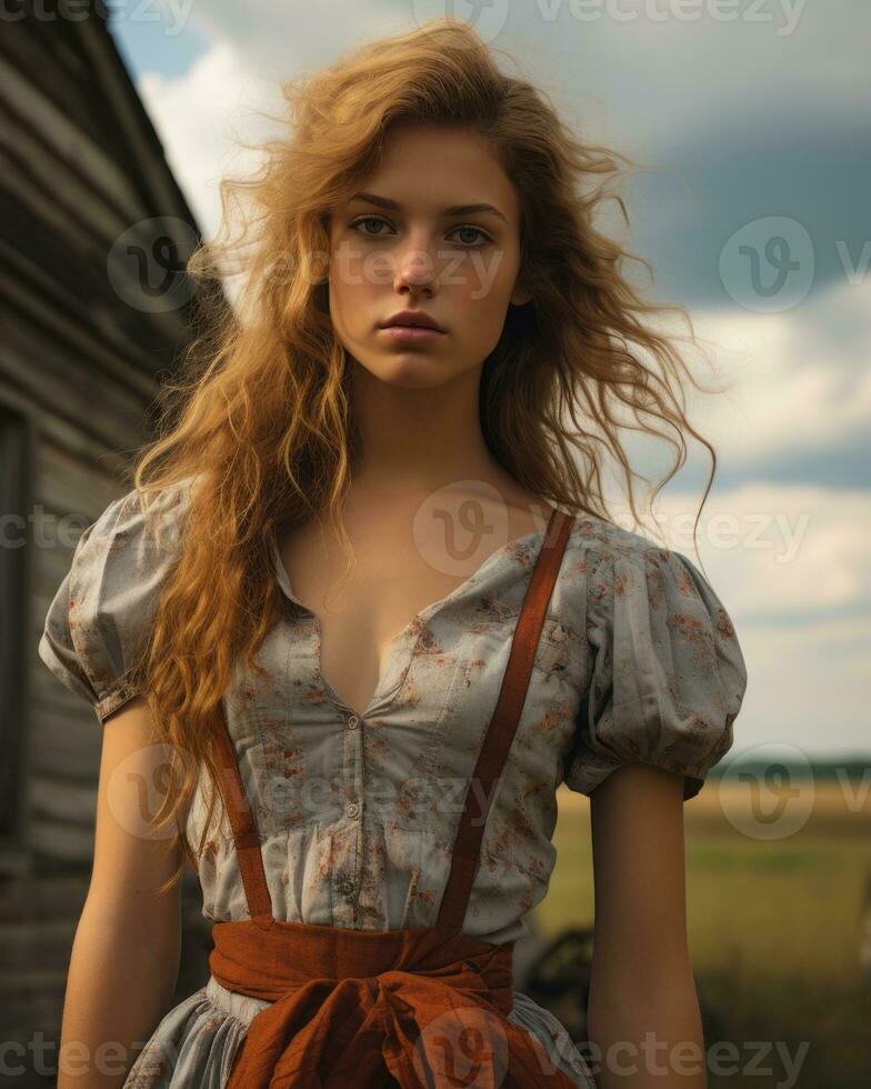 a woman in a dress standing in front of a house generative ai photo