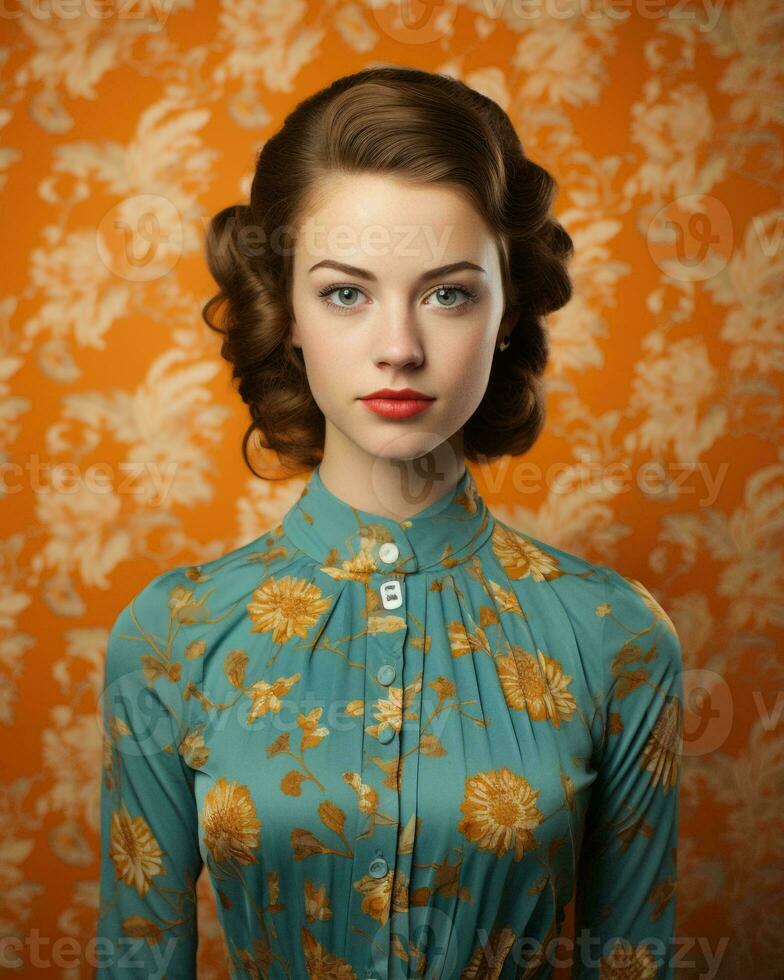 a woman in a floral dress posing against an orange background generative ai photo