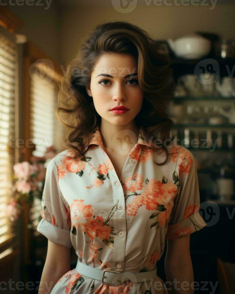 a woman in a floral dress posing for the camera generative ai photo