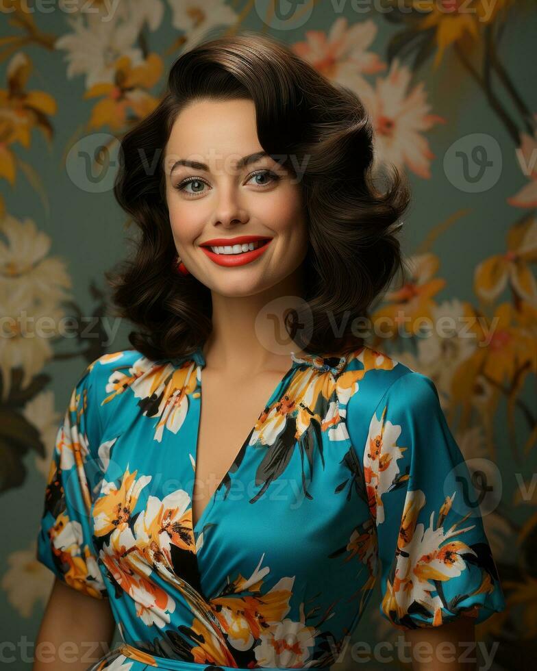 a woman in a floral dress posing for the camera generative ai photo