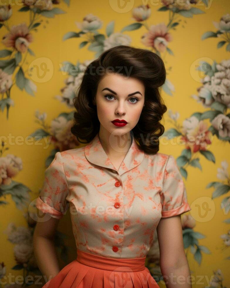 a woman in a floral print dress and red lipstick generative ai photo