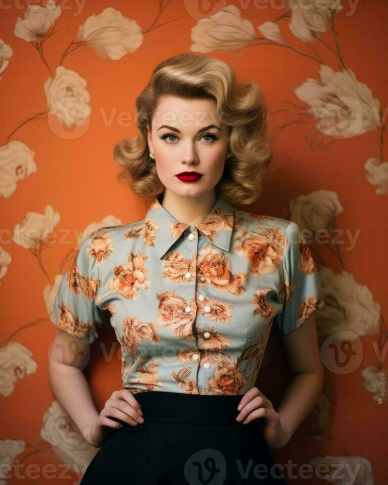 a woman in a floral shirt and skirt posing in front of a floral wallpaper generative ai photo