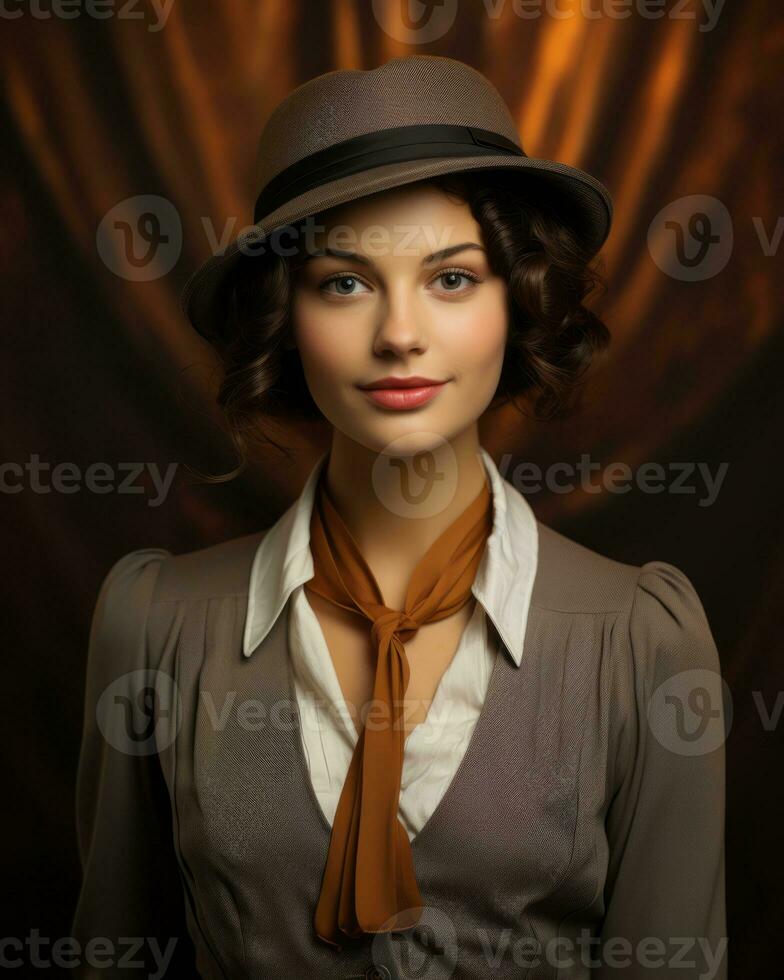 a woman in a hat and suit posing for the camera generative ai photo