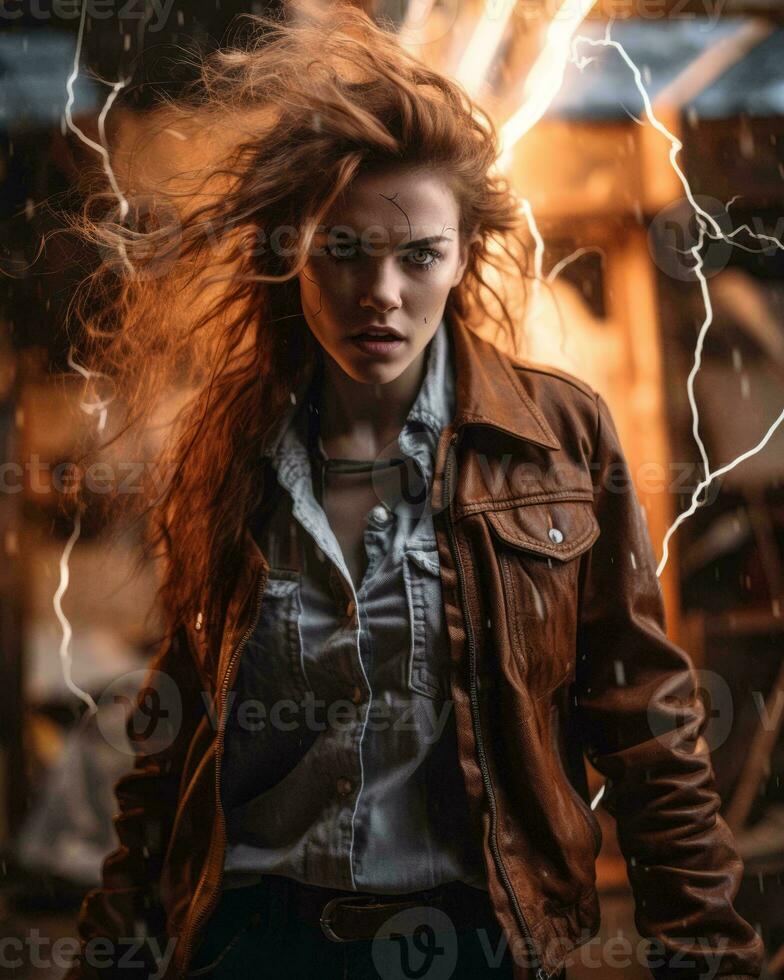 a woman in a leather jacket standing in front of lightning generative ai photo