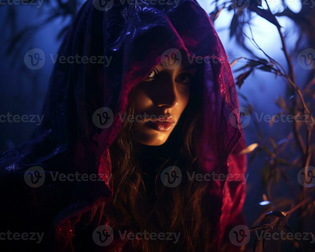 a woman in a hooded robe with a candle in her hand generative ai photo
