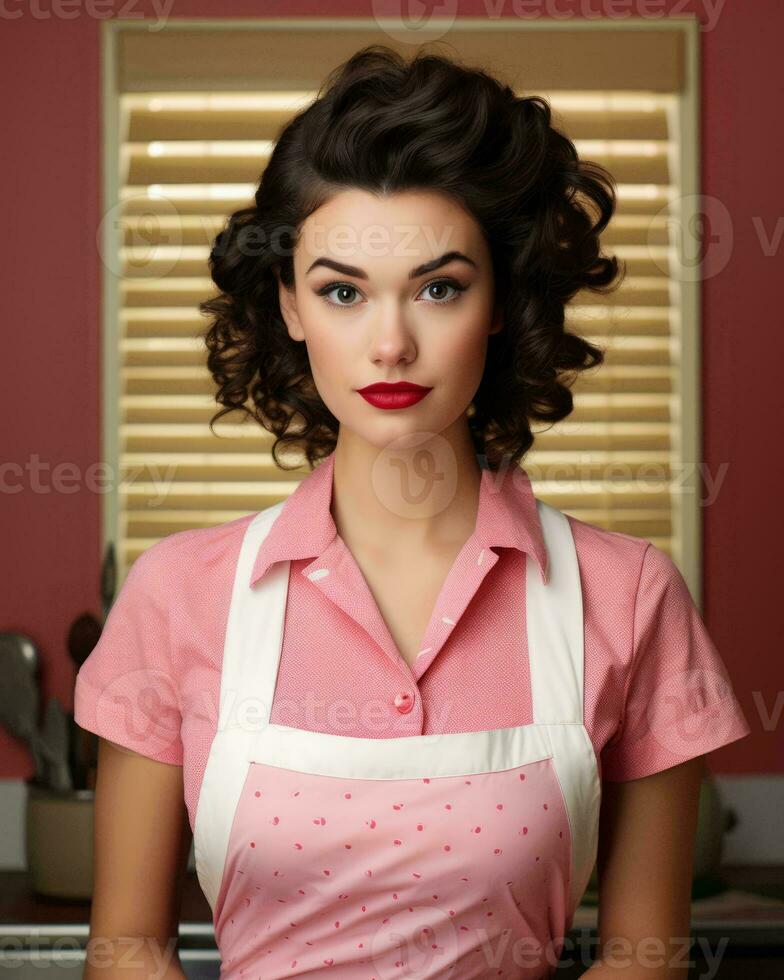 a woman in a pink apron and red lipstick generative ai photo
