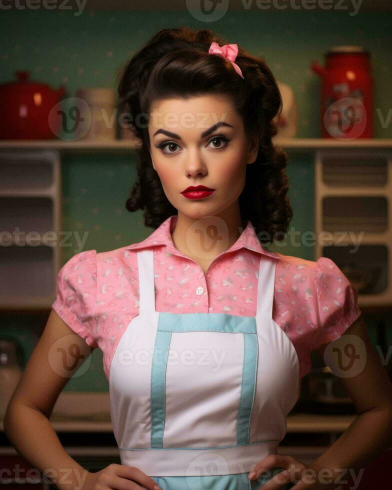 a woman in a pink and white apron posing for the camera generative ai photo