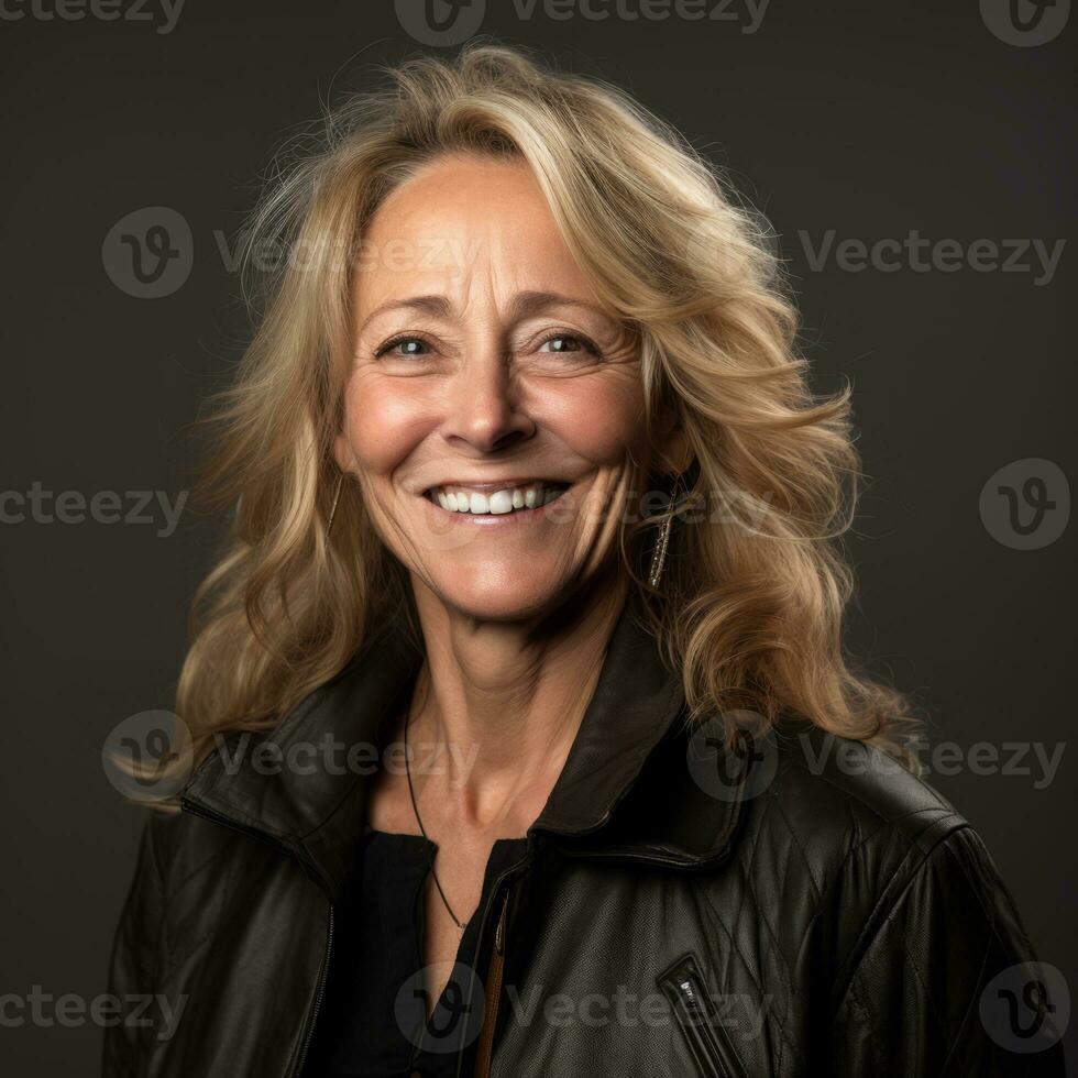 a woman in a leather jacket smiling at the camera generative ai photo