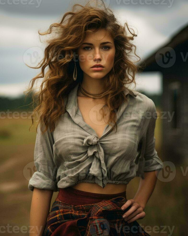a woman in a plaid skirt and shirt standing in front of a barn generative ai photo