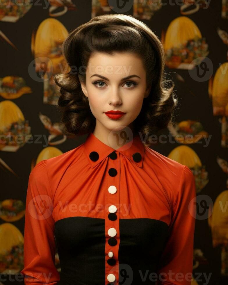 a woman in a red and black dress posing for the camera generative ai photo